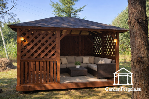 Brązowa drewniana altana ogrodowa 3x4 — zaciszna, przytulna i pięknie zabudowana - garden gazebo pergola