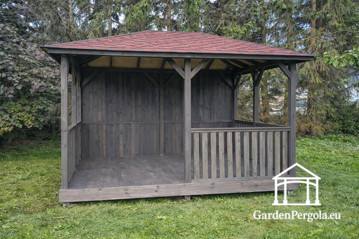 Altana ogrodowa 3x4m standardowa, ciemnoszara z czerwonym dachem z gontu - garden gazebo pergola