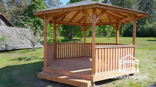 Sześciokątna altana drewniana — przytulna altana ogrodowa z podłogą i zadaszeniem - garden gazebo pergola