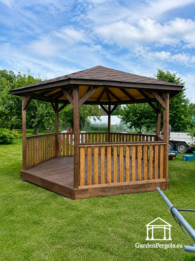Sześciokątna altana drewniana — przytulna altana ogrodowa z podłogą i zadaszeniem - garden gazebo pergola