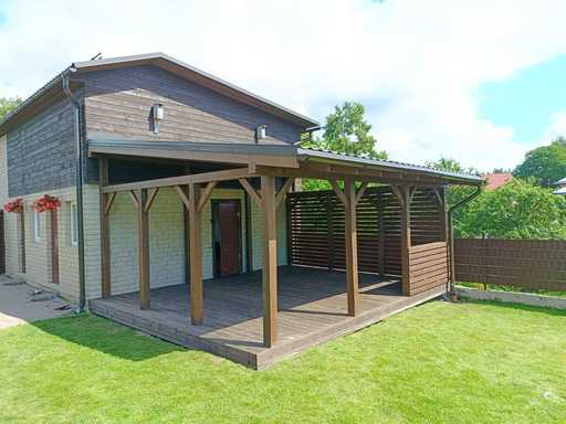 Ciemnobrązowa drewniana weranda przydomowa z zadaszeniem – 4,8×6 m - garden gazebo pergola