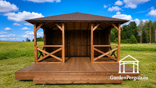 Altana ogrodowa drewniana 4x4,5 m z otwartym tarasem 2x4,5 m - garden gazebo pergola