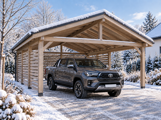 Drewniany carport 4,5 × 5 m z dwuspadowym dachem metalowym