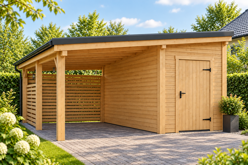 Drewniana wiata samochodowa 4x5 m z małym pomieszczeniem gospodarczym - garden gazebo pergola