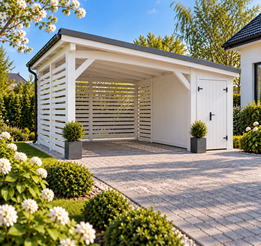Drewniana wiata samochodowa 4x4,5 m z małym pomieszczeniem gospodarczym - garden gazebo pergola