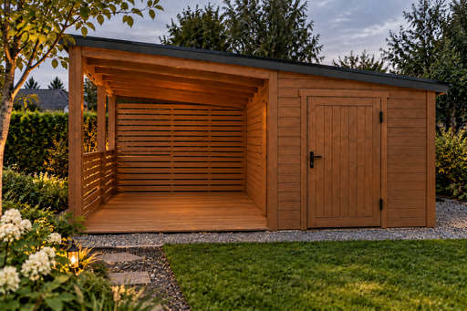 Drewniany budynek ogrodowy 4,5x4,5 m z pomieszczeniem gospodarczym i zadaszeniem - garden gazebo pergola
