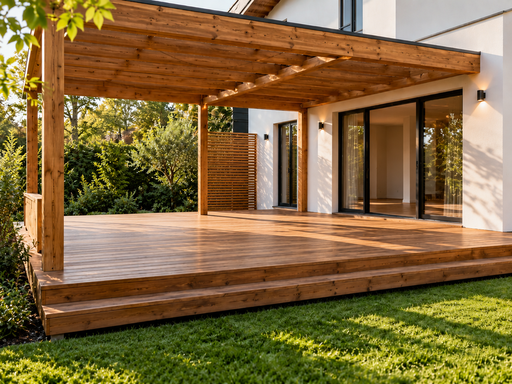 Drewniany taras przy domu, rozmiar, schody, balustrady i projekt